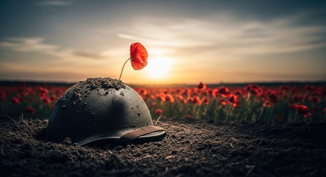 Military helmet, symbolizing fallen combatant, buried in dark soil, with bright red poppy flower, representing world war remembrance, during calm evening light.