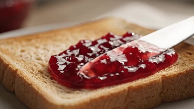 Spreading Fresh Red Berry Jam on Toasted White Bread