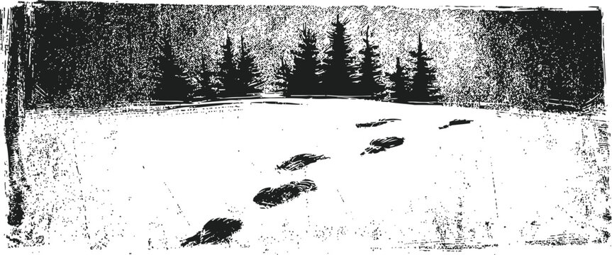 black footprints crossing snowy landscape with pine tree silhouettes in winter wilderness
