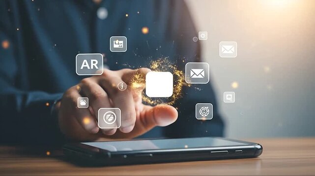 Augmented Reality Touch Interface on Smartphone for Business Presentation, Digital Innovation and Future Mobile Technology Concept