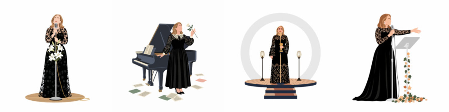 Set of four flat illustrations depicting a female singer in various stage performance settings, wearing elegant black gowns.