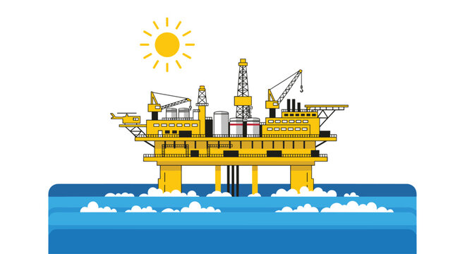 A vibrant yellow offshore oil extraction platform floats on stylized blue waves under a bright yellow sun featuring a small transport helicopter on deck.