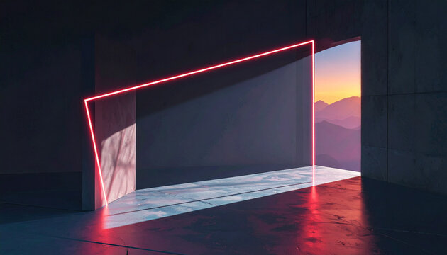 Neon frame in a dark concrete room