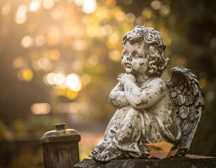 Fototapeta premium A weathered stone cherub statue, seated and serene, gazes thoughtfully at a blurry autumnal backdrop, bathed in golden sunlight