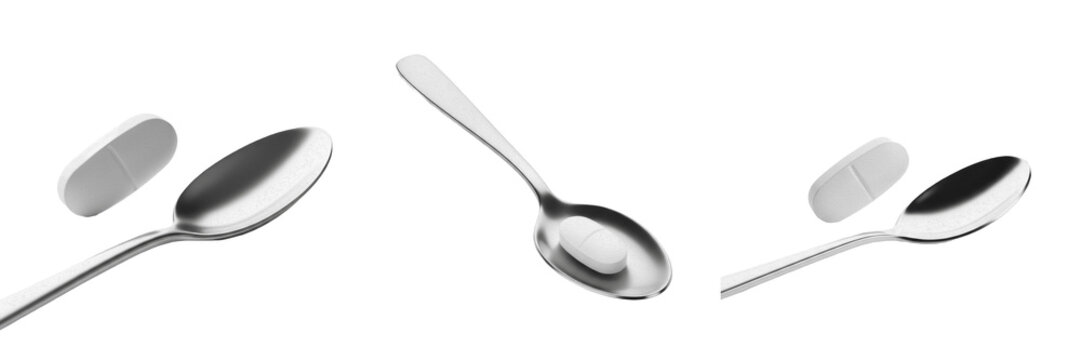 Set and collection of single shiny metal tablespoon isolated on white background