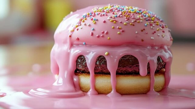 Pink frosted doughnut with colorful sprinkles and dripping icing on wooden table