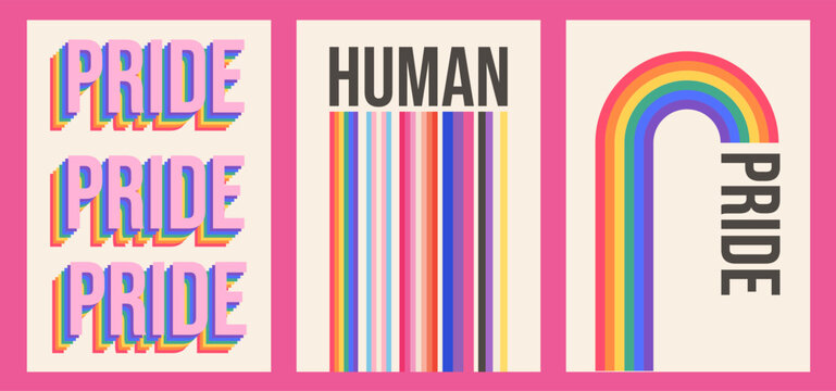 Queer poster set with 70s retro typography. Minimalist LGBTQIA human rights wall art, inclusive geometric vertical banner for Pride Month event marketing and branding. Vector illustration.