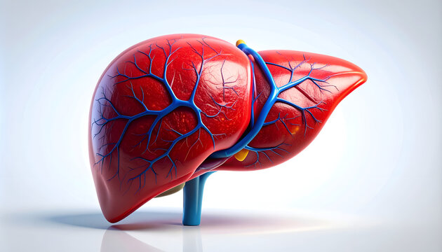A detailed 3D rendering showcases the human liver, highlighting its complex structure and vascular network against a clean white background.