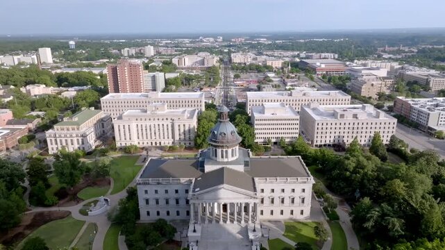 South Carolina state capitol building with drone video moving down slowly.