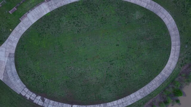 Ascending drone shot of amphitheater seating at Wilma Rudolph Event Center located in Clarksville, TN