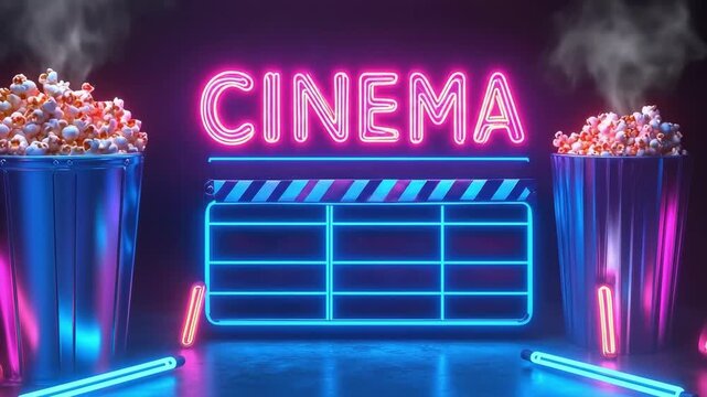 Neon cinema sign with popcorn buckets and clapperboard on dark background