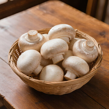 Fresh champignon mushrooms in a wicker basket on wooden surface or outdoors, natural product, cooking concept, healthy food, close-up with blurred background

