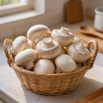 Fresh champignon mushrooms in a wicker basket on wooden surface or outdoors, natural product, cooking concept, healthy food, close-up with blurred background
