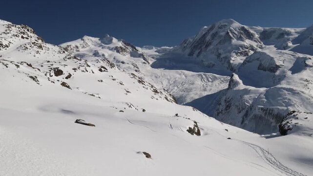 Monte Rosa mountain massive with Dufourspitze alpine peak and glacier, wide establisher