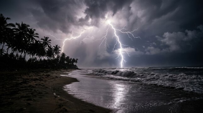 Dramatic Lightning Strike Illuminates Stormy Beach Scene at Night.
