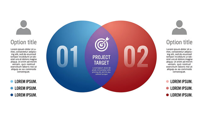 Venn diagram business infographic circle chart template 2 options, presentation with Circular diagram elements vector illustration.
