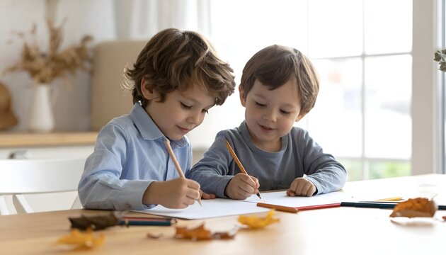 Dos ni&ntilde;os dibujando juntos en casa con luz natural y ambiente educativo acogedor