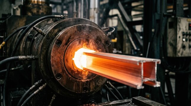 Hot metal extrusion process in industrial manufacturing plant.