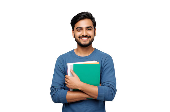 Young male student holding books smiling transparent background