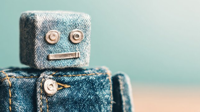 Robot figure made of denim placed on a simple surface indoors
