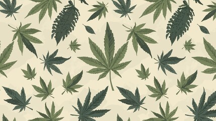 Fototapeta premium template featuring cannabis leaf patterns with flat design style, incorporating fabric motifs in a repeating pattern, with bold lines, solid colors, and a minimalist aesthetic