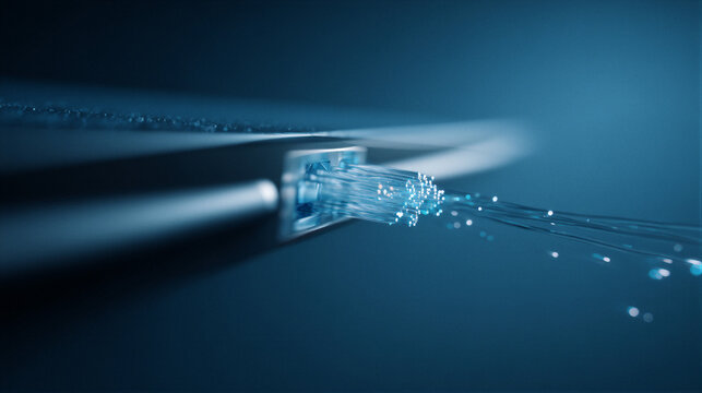 Minimalist macro of fiber optic cable in network switch. Brushed texture with cold gloss and blue data pulse. Cinematic lighting. 3D render with copy space for infrastructure or cloud website.