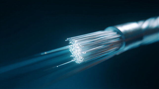 Minimalist macro of fiber optic cable in network switch. Brushed texture with cold gloss and blue data pulse. Cinematic lighting. 3D render with copy space for infrastructure or cloud website.