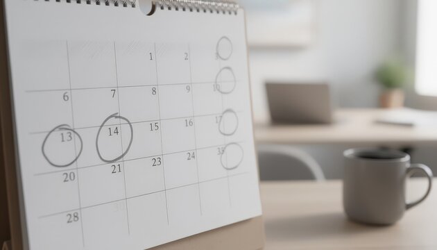Closeup of a calendar marked with payment dates illustrating periodcertain annuity income stream blurred setting of a home office in the background.