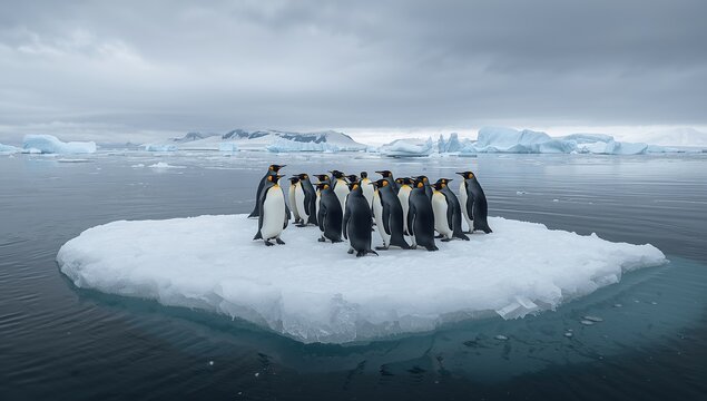 Group of emperor penguins huddled on a snow-covered ice floe, surrounded by calm dark blue water, with distant icebergs and mountains under a cloudy Antarctic sky
