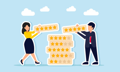 Obraz premium Businessman and businesswoman stacking star rating boards illustration of review calculation and business analysis concept