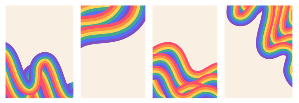 Retro Pride poster templates set with psychedelic liquid rainbow waves. Minimalist LGBTQ abstract background collection, 70s wavy organic line art for inclusive event branding and social media. Vector