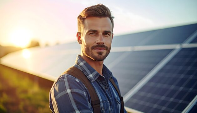 T&eacute;cnico de energ&iacute;a solar en parque fotovoltaico al atardecer con paneles solares al fondo