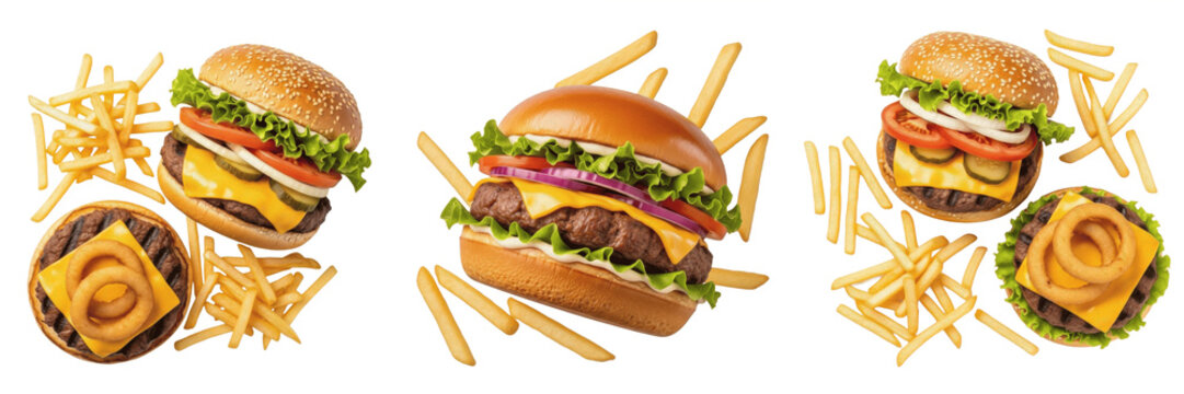 A delicious burger with fries isolated on white background high resolution food photography for fast food advertising and restaurant menu design and street food gourmet burger concept visuals.