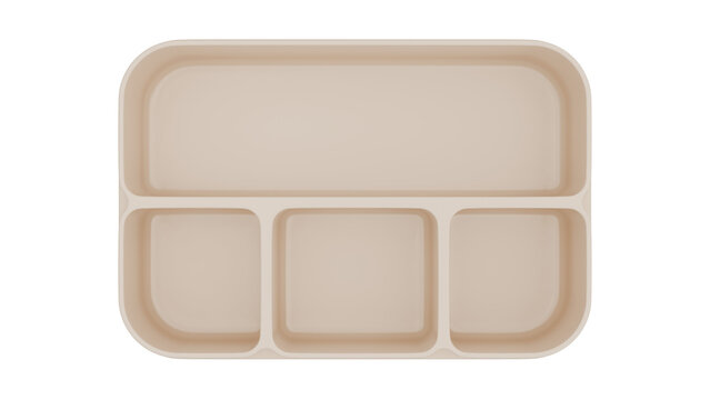Beige bento box food container with four compartments, empty on a transparent background, top-down view, representing organized meal prep and healthy portion control.