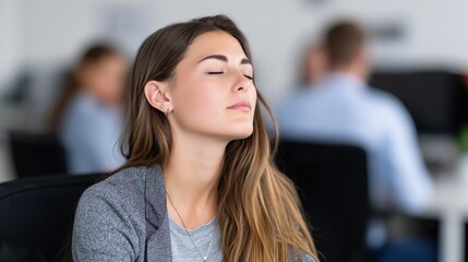 Fototapeta premium Serene Pause: A woman finds inner peace, eyes closed, perhaps meditating or taking a moment to breathe, a symbol of mindfulness amid the everyday hustle