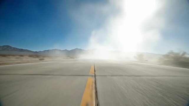 Driving on a desert road with dust clouds rising in the distance under a bright sunny sky during day.