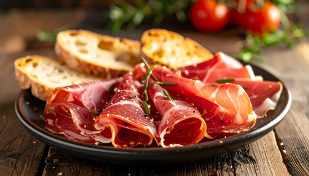 Plato de jam&oacute;n curado en lonchas finas con pan tostado y tomates cherry en mesa r&uacute;stica