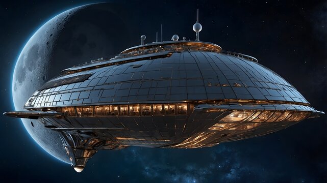 Nave espacial futurista orbitando un planeta en escena de ciencia ficci&oacute;n con iluminaci&oacute;n cinematogr&aacute;fica