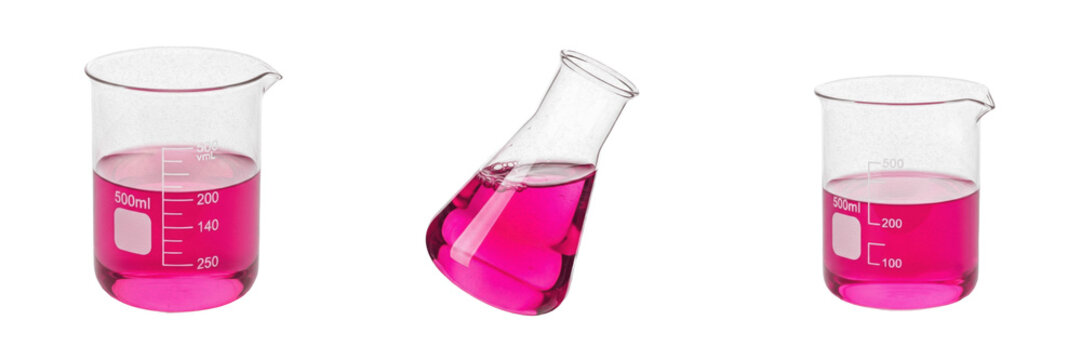 A laboratory beaker with pink liquid isolated on white background high resolution for scientific research and medical chemistry and pharmaceutical study and education and biology experiment visuals.