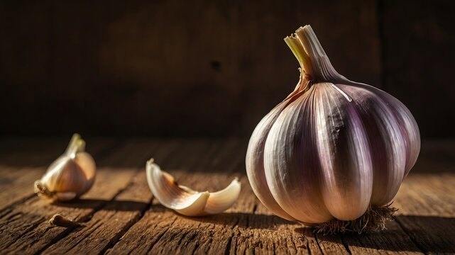 Cabeza de ajo y dientes pelados sobre mesa de madera con luz c&aacute;lida en bodeg&oacute;n r&uacute;stico