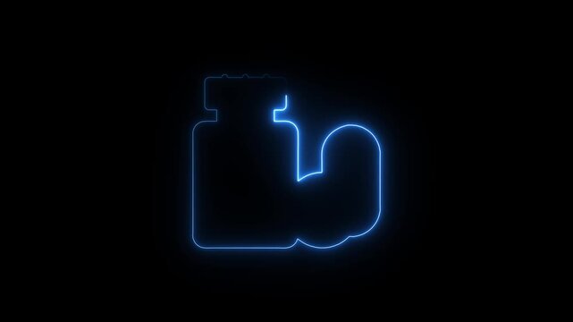 Blue Neon Outline of a Muscle Arm Flexing Next to a Pill Bottle on Black Background flexing arm bicep