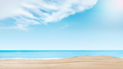 A bright and serene beach landscape featuring soft sand, calm turquoise ocean waves, and a beautiful blue sky with fluffy white clouds. Perfect for summer travel and vacation themes © Leo Lintang