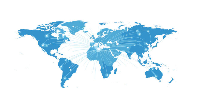 A detailed blue world map showcases bright white light pulses at various cities with thin glowing lines radiating from a central hub point on white.