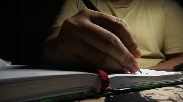 A close up view captures a male hand actively writing on the white pages of a notebook with a pen under warm and dark lighting, highlighting a quiet mood.