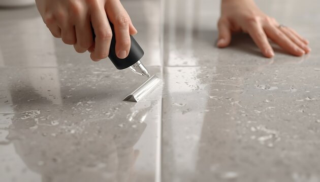 A person applies sealant to a metal strip between two stone tiles on a wet floor.