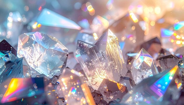 幻想的に輝く虹色の水晶クラスターが明るい光の中で美しく反射する神秘的な背景素材