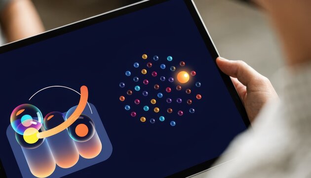 Tablet screen zoomed in on a proptech portfolio management app showing graphs of revenue growth and tenant churn with the users hand and background softly out of focus.