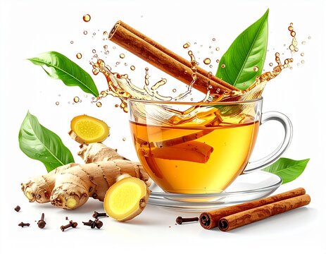 Indonesian ginger tea spilling from a glass cup with floating ginger slices, cinnamon sticks, and tropical leaves around, left side of a white background, right side empty for copy space, dynamic spla