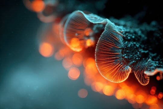 Macro close-up of delicate mushroom gills on dark bark with teal and orange bokeh light