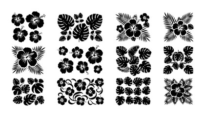 Tropical hibiscus flower and monstera leaf silhouettes, black floral vector icons set, exotic botanical summer plant graphics for surf and beach apparel © Mohsin